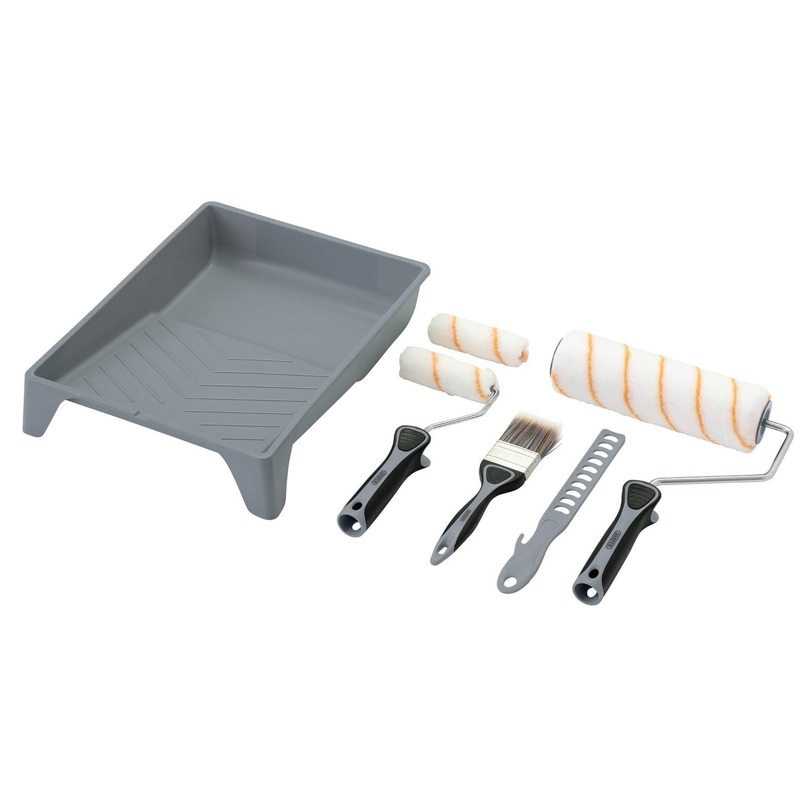 Draper 20787 Farbroller- und Pinsel-Set mit mittelflorigem Polyester, mit weichem Griff, 8-teilig, enthält 10,2 cm und 22,9 cm Hülsen, Rahmen, 22,9 cm Tablett, 50 mm Pinsel und Farbrührer