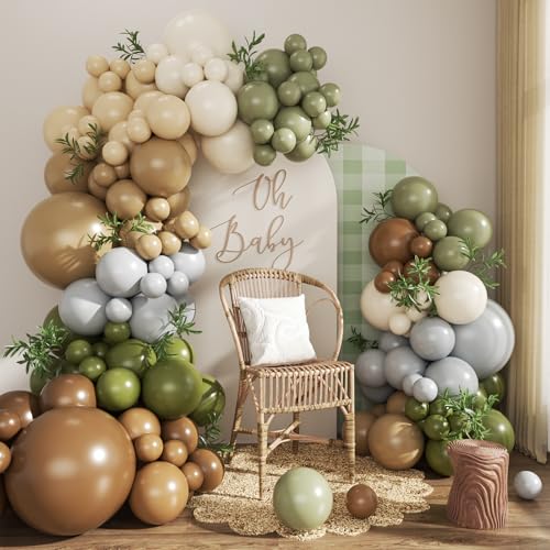 Brown Sage Green Balloon Arch Kit 124Pcs Nude Blush Dusty Blue Sand White Olive Green for Safari Jungle Woodland Wedding Baby Shower Birthday Party Decorations