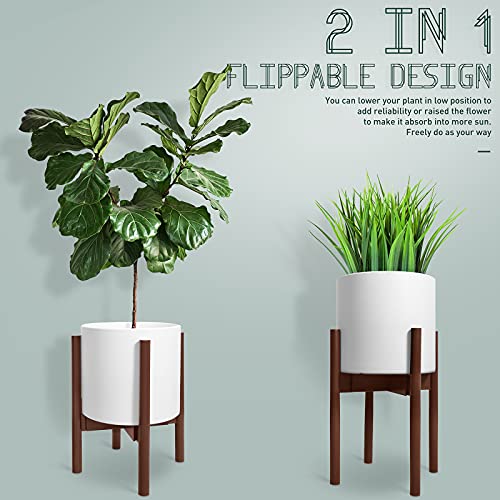 Derekey Plant Pot 10 Inches Dia Mid Century Planter With Stand Ceramic Pots With Drainage Plug And Wood Stand For Large Plants Tree Flower Indoor Outdoor, White #TOP3