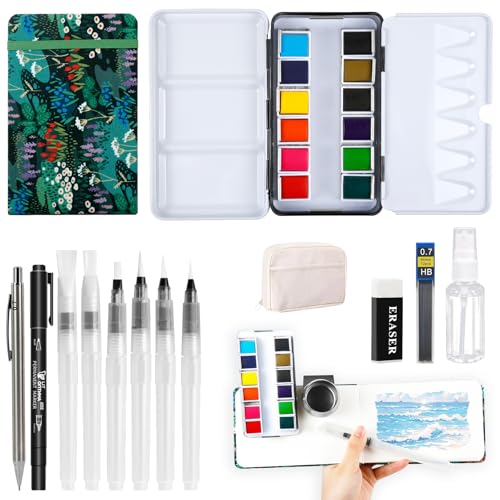 Hicdaw Mini Watercolor Paint Set 12 Colors, Portable Travel Palette, Painting Supplies, Ideal Pocket Set for Painting Lovers and Artists Pine Green