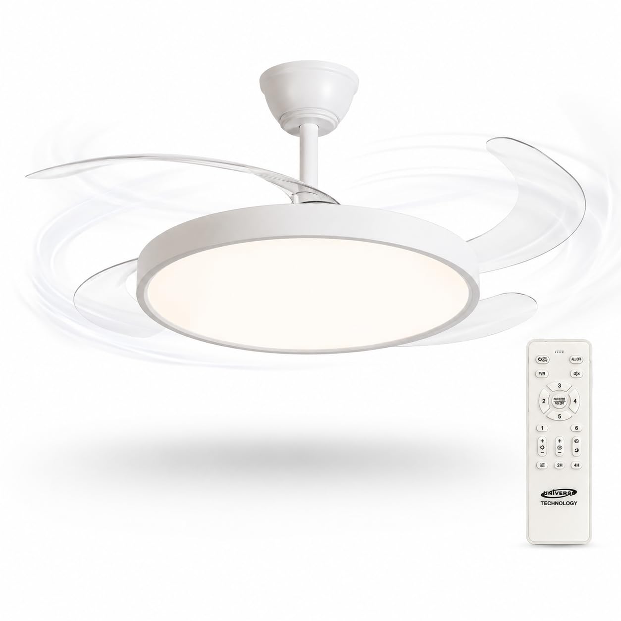 Ventilatore da Soffitto con Luce LED 40W e Pale Retrattili Ø107 cm | Motore DC Silenzioso 30W | CCT 3000K 4000K 6500K | Telecomando e Memoria | Bianco