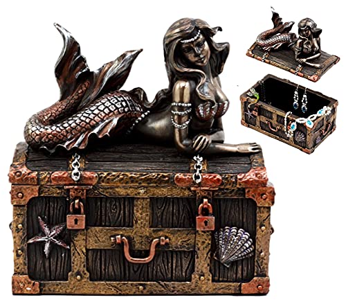 Ebros Bronzed Mermaid Nerida Resting On Sunken Treasure Jewelry Box Figurine 5.25"L Decorative Trinket Keepsake (Faux Bronze Patina) #TOP1