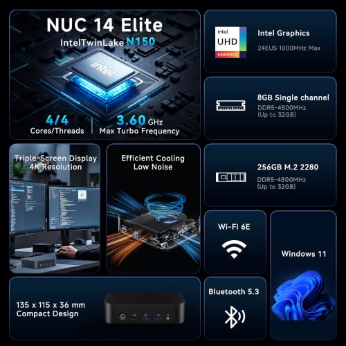 Image of ASUS NUC 14 Essential, Intel NUC 14 N150 Mini PC, 8GB DDR5 RAM, 256GB SSD | 4C /4T up to 3.6GHz,6W,Low Power Compact Desktop, Type-C 3.2,4K,WiFi6E,BT5.3,W-11 Pro for Home, Office & Digital Signage