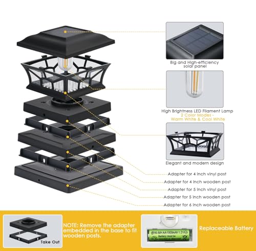 DAMAYCA 8 Pack Solar Post Cap Lights Outdoor Waterproof, Fits 4x4, 5x5, 6x6 Wooden & Vinyl Fence Decks with Warm & Cool White Light Modes, Classic Black by DAMAYCA - Image 5
