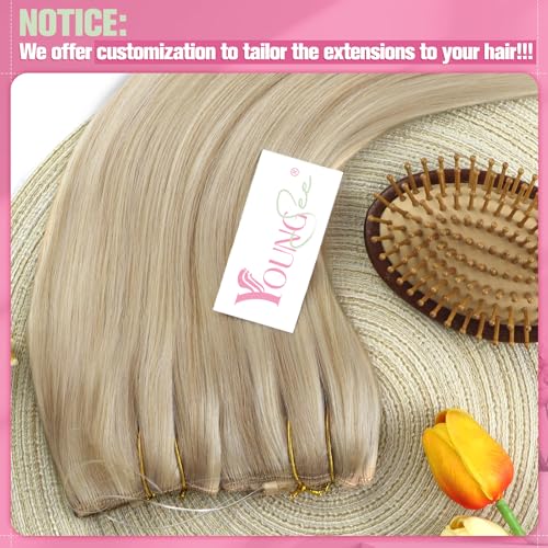 Image of YoungSee 135g Wire Hair Extensions Real Human Hair Dirty Blonde Highlights Bleach Blonde Wire Human Hair Extensions Straight Remy Hair One Piece Extensions for Long Hair 22 Inch