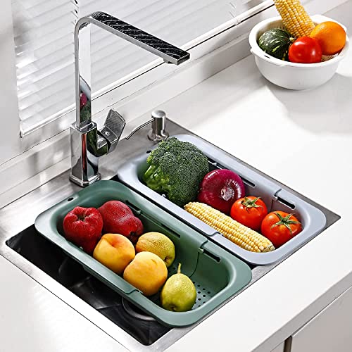 Colander Drain Basket,Vegoran Over The Sink Colander Strainer Basket,Collapsible Colander Fruits And Vegetables Drain Basket Adjustable Strainer Sink Washing Basket (Dark Green) #TOP2