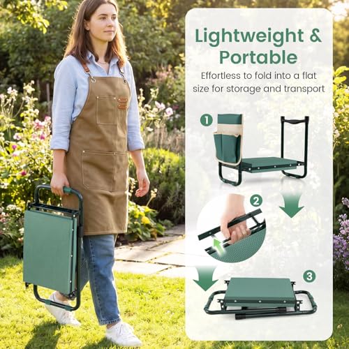 Image of 2-in-1 Garden Kneeler and Seat, Folding Garden Seat w /EVA Foam Kneeling Pad & Removable Tools Pouch, Sturdy Steel Frame, No Assembly, Portable Heavy Duty Garden Stool w /Detachable Armrests