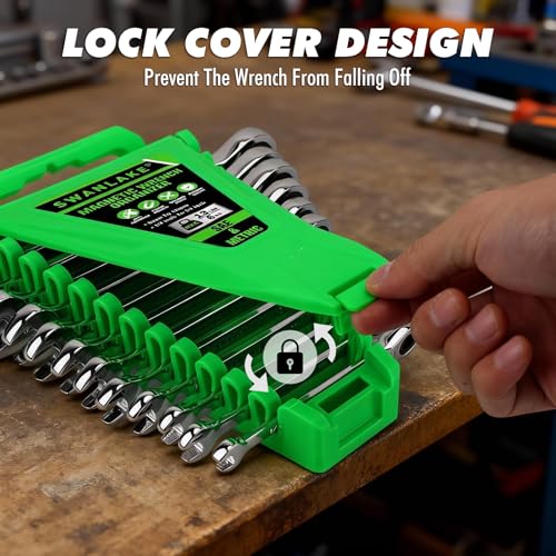 Image of 2-Piece Magnetic Wrench Organizer, Metric & SAE Portable Plastic Wrench Holder, 24-Slot Total, Foldable Carrying Handle for Wall-Mounted, Easy-Open Lock Cover, Wrenches Storage Rack Tool for Tool Box