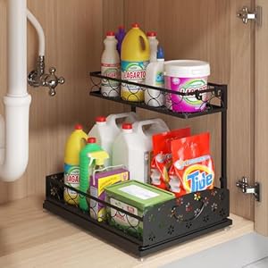 Sevenblue Under Sink Organizer, 2-Tier Adjustable Height Metal kitchen Organizers and Storage, Multi-Use Bathroom Organizers and Storage with Sliding Drawer, Pull-Out Organization(Iron)
