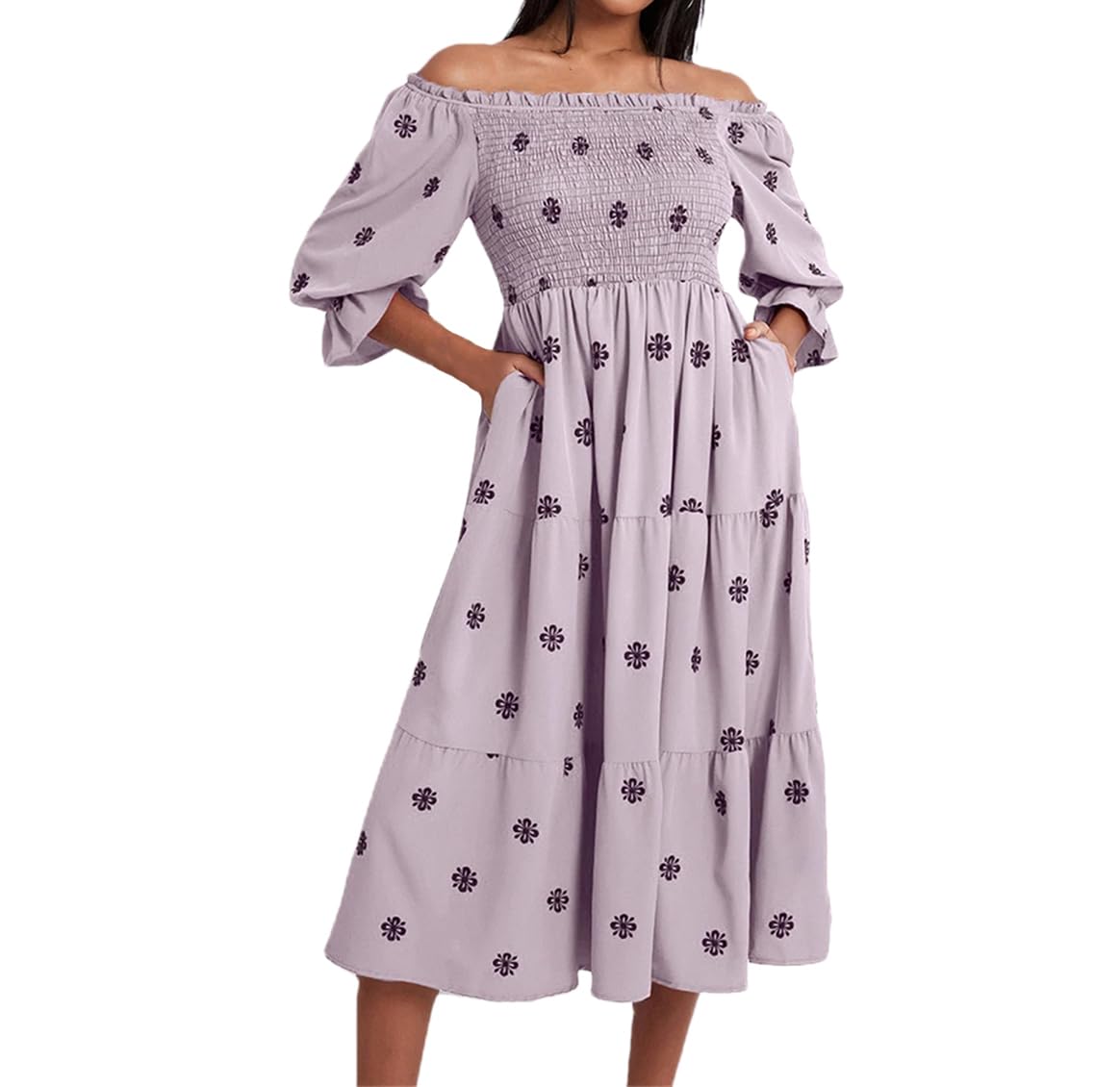 Dninmim Vestido de mujer sin tirantes para las cuatro estaciones, estampado floral, manga larga, fruncido, sin espalda, vestido midi ajustado