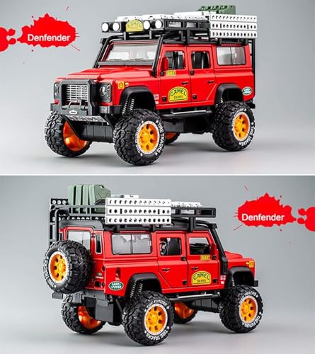 Image of 1:28 Scale Die-Cast Metal Camel Trophy Defender with 6 Openable Doors,Music,Lights & Pull Back Action (Red)