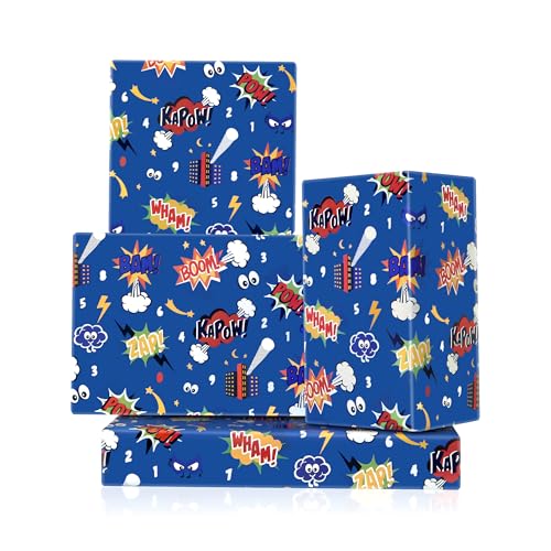Comic Paper Blue Comic Theme Wrapping Paper ZAP! KAPOW! POW! WHAM! BAM! Print Folded Flat 4 Pieces Art Sheets for Women Men Birthday Baby Shower Holiday Party Gift Wrap Packing DIY Craft