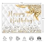 Gold and White Birthday Backdrop 7Wx5H Photography Happy Birthday Backdrop for Girls Women Diamonds Modern Luxury Elegant Bday Background Party Decorations Banner Photo Booth Props Supplies - Image 2