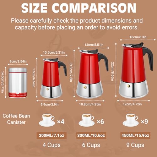 Image of 9 Cup Stainless Steel Moka Pot, 450ml Stovetop Espresso Maker, Red | 304 Stainless Steel Mocha Pot, Induction Compatible, Greca de Cafe, Cuban and Italian Coffee Maker