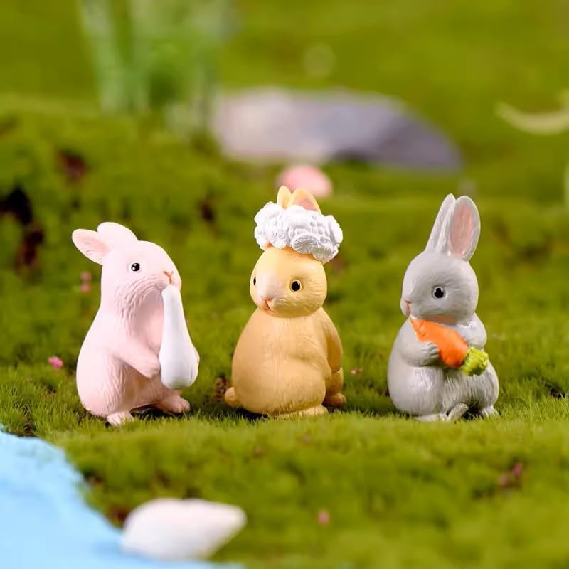 12Pcs Mini Rabbit Figurines with Wooden Hammer and Garland Miniature Easter Bunny Figures Small Resin Rabbit Cake Toppers for DIY Gift Fairy Garden Dollhouse Micro Landscape Decors - Image 6