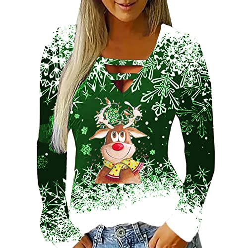Christmas Sweater For Women New Year 2023 Funny Cute Crewneck Sweatshirt Hollowed V-Neck Crystal Snowflake Holiday Top #TOP8