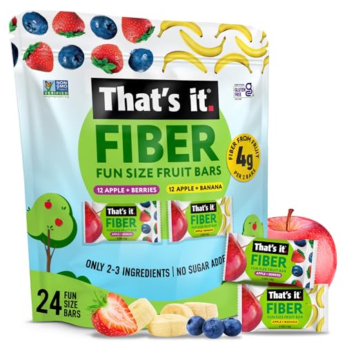 Thats it. Fiber Snacks for Kids Fiber Fun Size Fruit Bar Variety Pack (Mixed Berries + Banana) 4g Fiber from Fruit per 2 Bars No Added Sugar 2-4 Ingredients School-Safe Gluten-Free Top 12 Allergen-Free (24 Count)