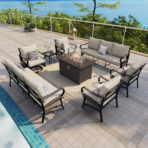 Image of 8-Piece Outdoor Furniture Set, Metal Swivel Rocking Chairs with All-Weather Cushions, Patio Conversation Set with Fire Pit Table for Deck, Porch, Garden, Backyard, Poolside (Beige Cushions)