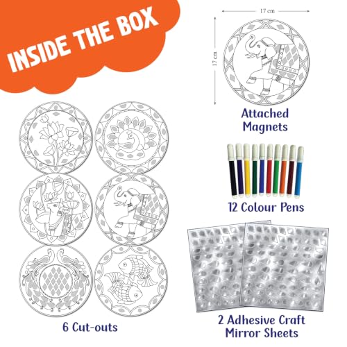 Image of SparkLPlay DIY Indian Mirror Art for Kids. Coloring Set with - 6 Magnetic Cutouts,12 Color Pens & 100+ Mirror Stickers. Creative Art & Craft. Mess Free. Gifts for Kids.