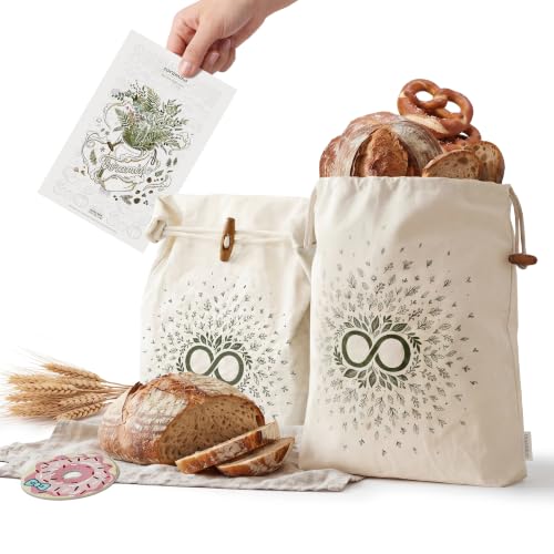 Handmade Beeswax Bread Bags with Removable Lining, 2 XL Reusable Cotton Bags for Sourdough & Homemade Bread, Bread Storage to Keep Baguette & Artisan Loaves Fresh, Freezer Food Storage Container