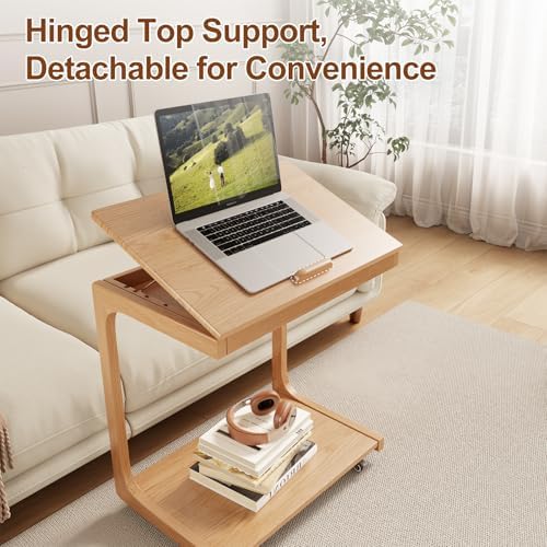 AQIMUELE Wooden C-Shaped End Table,Couch Table with Adjustable Desktop,Small Rolling Side Table with 2 Lockable Wheels 23.6" Width,Small End Table for Couch, Living Room,Bedroom (Natural) - 2