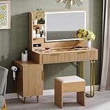 Galasil Fluted Make Up Vanity Desk with Mirror and Lights Chair,Wooden Vanities Desk with Glass top,Oak Vanity, Adjustable Side Cabinet,Modern Dressing Table Set w/Charging Station for Bedroom