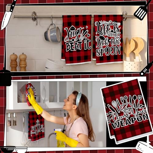 Image of Bencailor 6 Pcs Red Black Plaid Kitchen Towels Decorative Sets Dish Towels Absorbent Fast Drying Hand Tea Vintage Hanging Reusable Cleaning Dishcloths for Cooking Farmhouse Bathroom Accessory