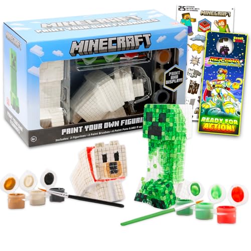 Minecraft Paint Your Own Figurines Set - Bundle with DIY Painting Set Featuring Creeper and Wolf Plus Stickers, More | Minecraft Painting Kit for Kids, Boys,...