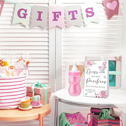 Image of Roowest 512 Pcs Baby Shower Games Guess How Many Pacifiers Sign 100 Small Guessing Games 10 HB Pencils 750ml Milk Bottle 400 Acrylic Pacifiers Decoration for Guest Gender Reveal(Pink,Elephant)