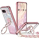 Rockaway Pixel 9A 5G 用 ケース ダブルリング付き リストバンド ブレスレット付き ストラップ 耐衝撃 薄型 軽量 紐付き キラキラ ラブハート かわいい 女の子 おしゃれ 豪華 スマホケース ピクセル9A カバー - ローズゴールド