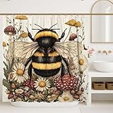 Duschvorhang mit Bienen-Motiv, Natur, botanischer Pilz, Blume, Sommergelb, waschbar, mit Haken, Klauenfuß, Badewanne, Duschvorhänge, Dekoration für Toilette, Badezimmer, Wohnheim, 155,7 x 183,9 cm