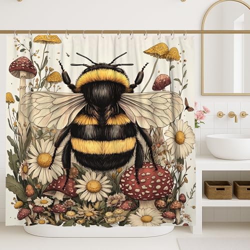 Duschvorhang mit Bienen-Motiv, Natur, botanischer Pilz, Blume, Sommergelb, waschbar, mit Haken, Klauenfuß, Badewanne, Duschvorhänge, Dekoration für Toilette, Badezimmer, Wohnheim, 155,7 x 183,9 cm