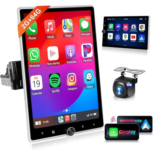 Motorized 2G+64G Single Din Radio with Wireless Carplay -10.4inch HD Vertical Rotatable Touch Screen- Wireless Android Auto FM/RDS EQ GPS Bluetooth with WiFi 50UIs USB MirrorLink Backup Camera