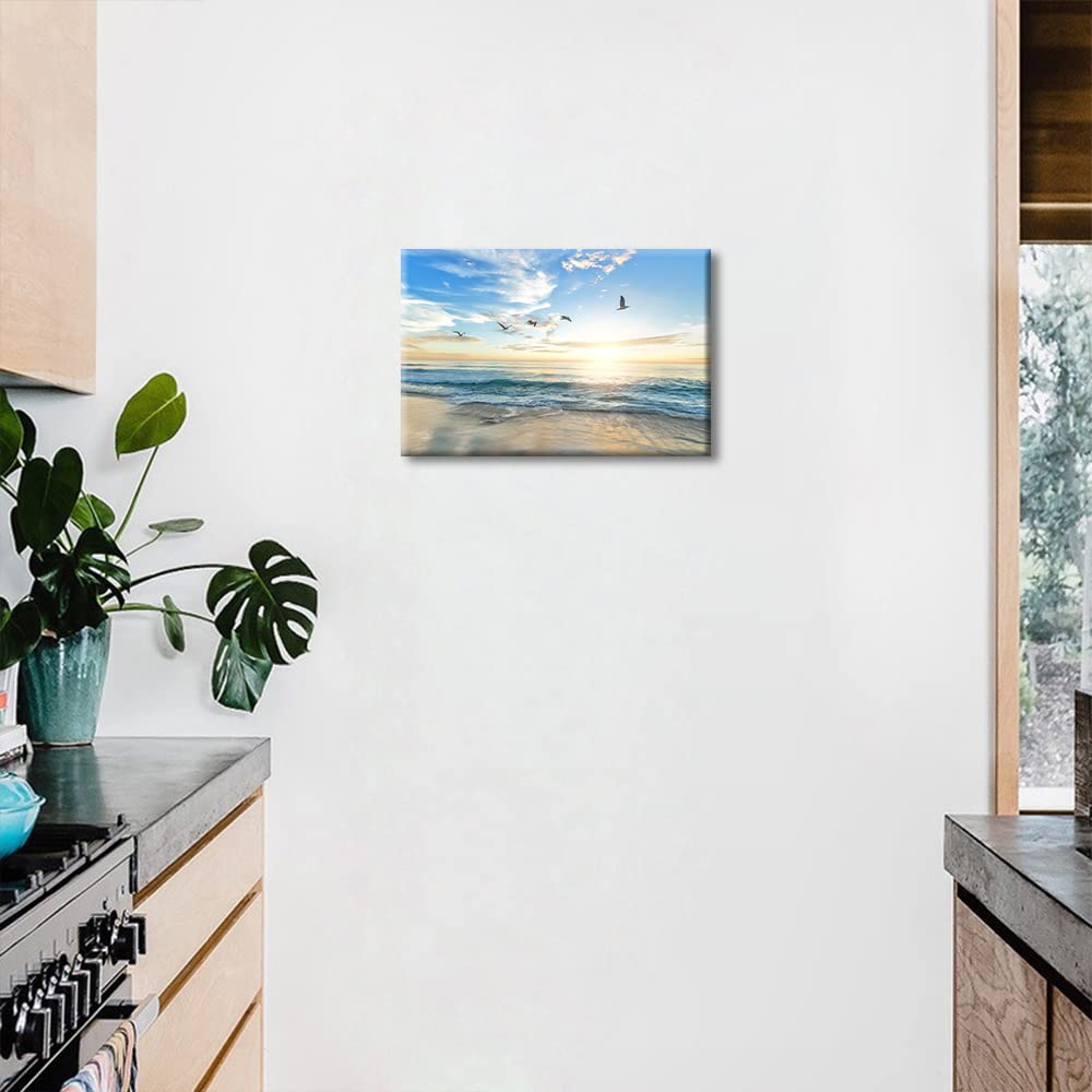 Framed Wall Art Canvas Ocean Decor Beach Bedroom Sunset Ocean Seagulls for Interior Bathroom Wall Décor Scenery Bed Dining Room Decorative 8x12inch (20x30cm), Seaside-02 — view 3