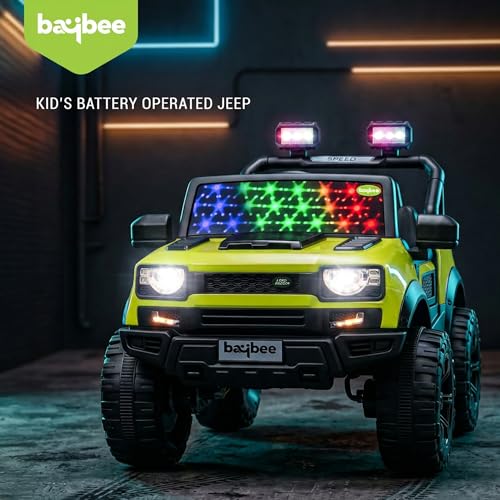 Image of Baybee RoverX Battery Operated Jeep for Kids with Parental Control | Baby Ride On Electric Car with RGB Lights, Music & Swing Mode | Rechargeable Battery Car for Kids 2 to 6 Years (Florescent Green)