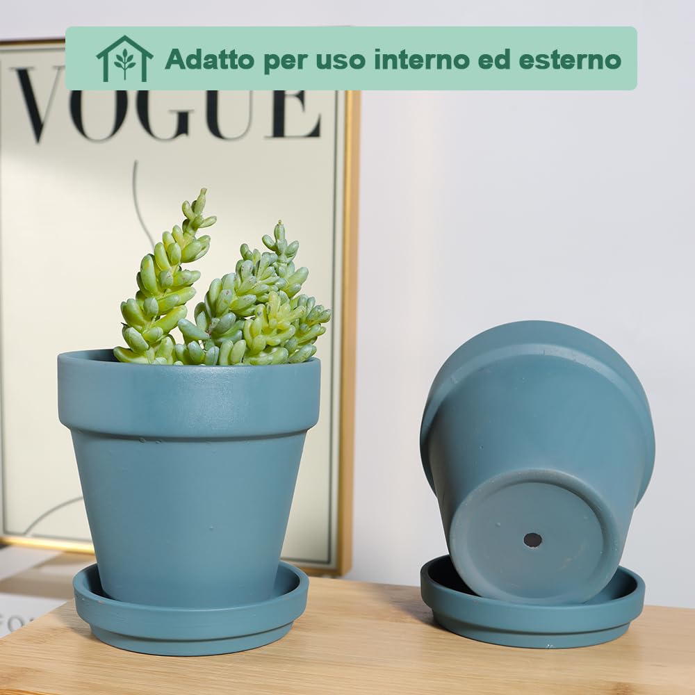 Vaso in argilla blu in acciaio da 4 pollici per piante con piattino, confezione da 6 piccoli vasi in terra cotta con foro di drenaggio, vaso di fiori con vassoio