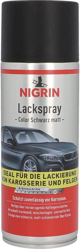NIGRIN Lackspray, 400 ml, mattschwarzer Autolack, schĂĽtzt Felgen und Karosserie vor Rost, schnell trocknend, Schwarz