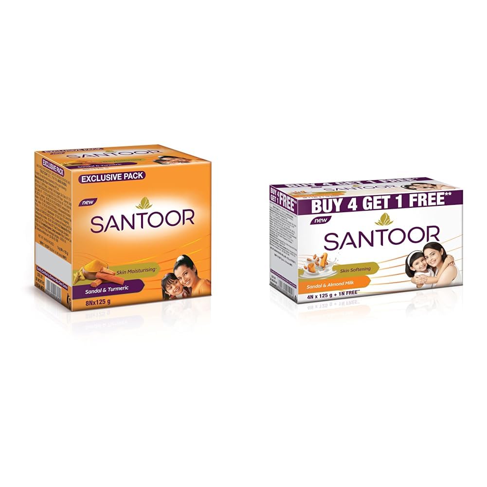 Sandalwood and Turmeric Bath Soap for Younger Looking and Glowing Skin, Combo Offer, 125 g (Pack of 8)&Santoor Sandal and Almond Milk Soap (Buy 4 Get 1 Free 125g each)