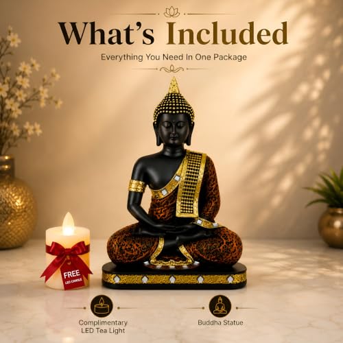 Image of PulGos 23cm Meditating Buddha Idol Statue with Led Candle, Modern Resin Art