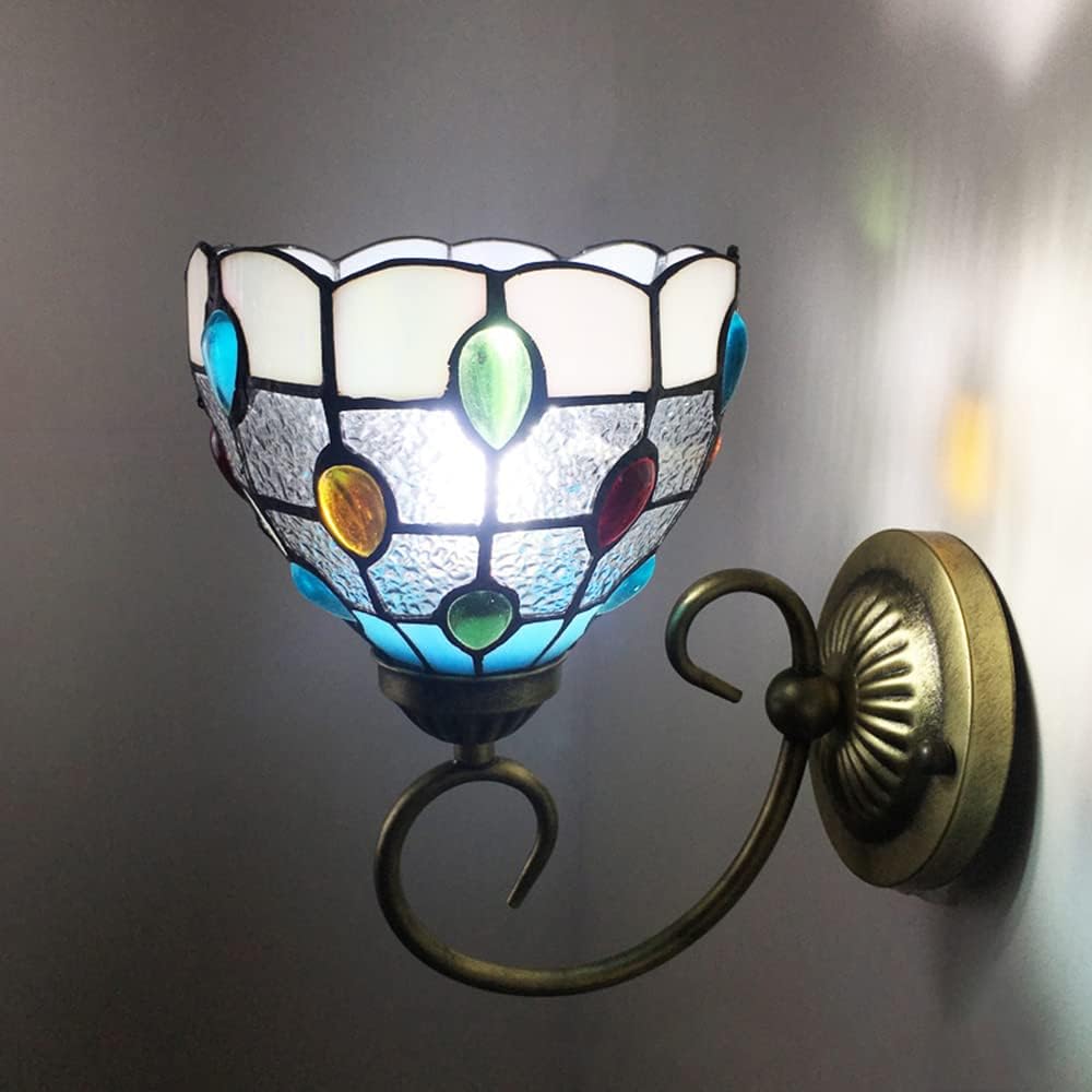 KWOKING Tiffany Wall Sconce, Jewel Wall Lights Stained Glass Mirror Front Wall Lamp Fixture 1 Light Tiffany Wall Lamp - H