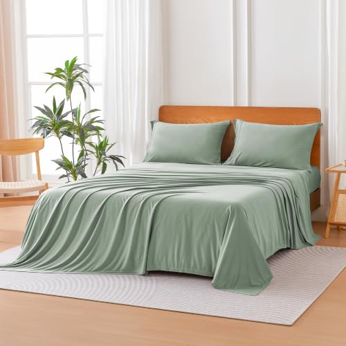 Image of Amazon Basics Jersey Knit 4-Piece Sheet Set, Wrinkle Resistant and Easy Fit, Includes 16 inch Deep Pocket Fitted Sheet, 1 Flat Sheet and 2 Pillowcases, Full, Sage Green