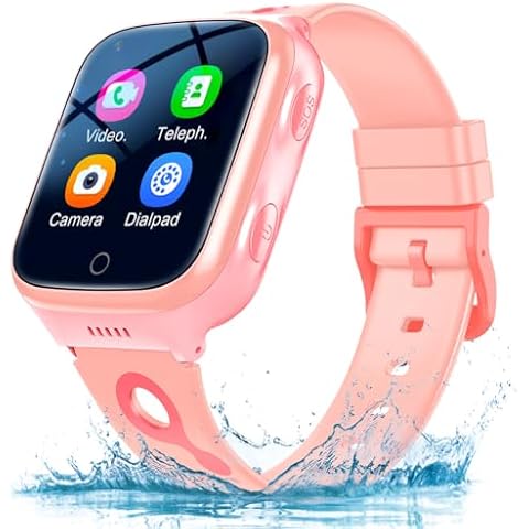 TEZILON 4G GPS Smart Watch Waterproof Phone Video Call SOS Emergency Alarm Voice Message Camera GPS Tracker Watch Real-Time Tracking Geo-Fence Touch Screen Pedometer Anti-Lost Gift Pink Cover