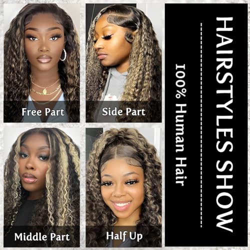 Image of bangjazz 26 Inch Deep Wave Lace Front Wigs Human Hair Fb /27 180% Density 13x4 HD Lace Frontal Wigs Human Hair Pre Plucked Ombre Lace Front Wig Balayage Highlight Glueless Wigs for Women