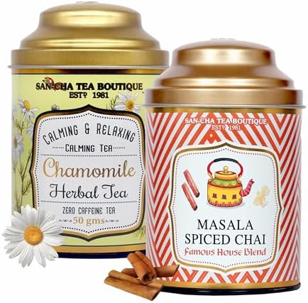 Sancha Tea Boutique, Tea Combo Pack: Chamomile Herbal (50g), Caffeine Free Herbal Tisane & Masala Chai (100g), Loose Leaves, Real Masala Tea