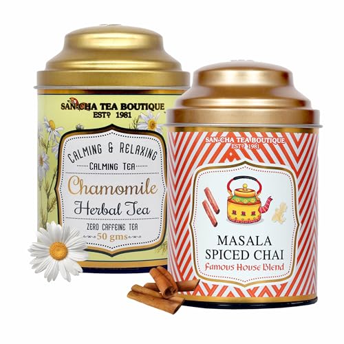 Image of Sancha Tea Boutique, Tea Combo Pack: Chamomile Herbal (50g), Caffeine Free Herbal Tisane & Masala Chai (100g), Loose Leaves, Real Masala Tea