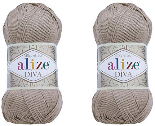 Alize Diva Microfiber Acrylic Yarn - Silk Effect Thread for Crochet & Lace Craft - Beige (167), 200gr, 767 yds, Lot of 2 Skeins