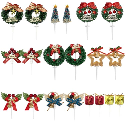 SUNNYCLUE 20 décoration de Gâteau de Noël pour Cupcakes de Vacances Couronne de Noël Arbre Boîte Cadeau Décoration de Cupcakes de Noël Décorations de Gâteaux D'Hiver pour Noël Nouvel An Fête D'Anniver