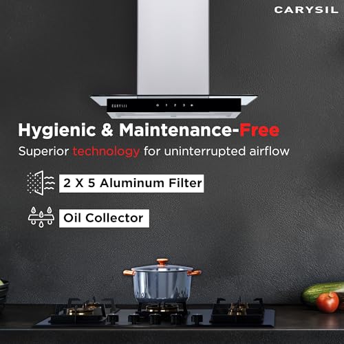 Image of Carysil Gusto 90 cm Kitchen Chimney, 1000 m /hr Suction Capacity, Baffle Filter Autoclean Chimney, 3-speed Touch Controls, Metal Housing, Inox Body & Tempered Finish, 7-year Motor Warranty