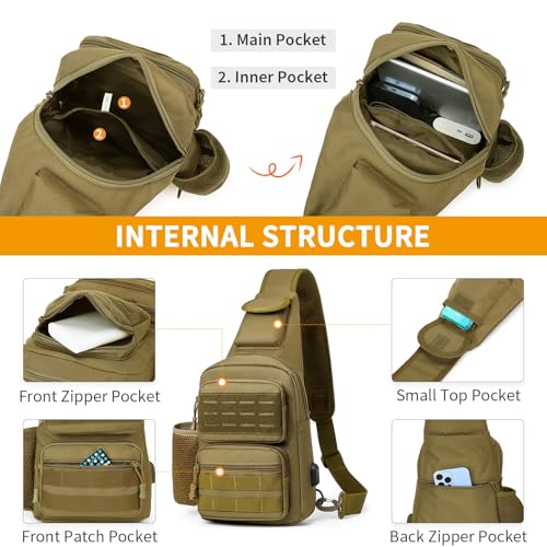 HUNTVP Taktische Brusttasche Herren Sling bag Militär Schultertasche Umhängetasche Tactical Chest Bag MOLLE Crossbody Bag für Alltag Reisen Wandern Camping (Braun)