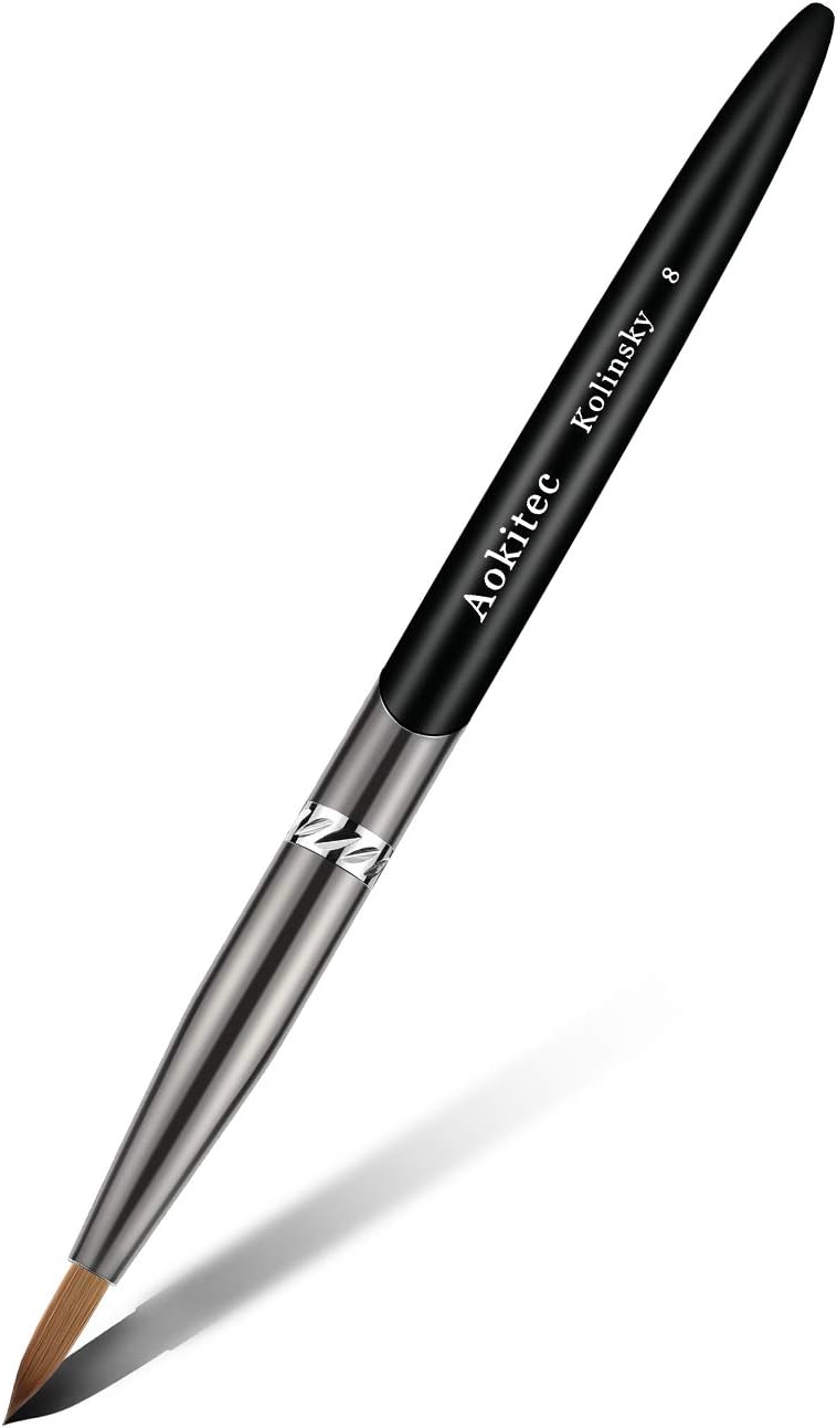 Aokitec 100% Kolinsky Acrylic Nail Brush #8 Oval Crimped Sable Acrylic Brush Wood Nail Art Brush for Acrylic Application Manicure Tool（Black）